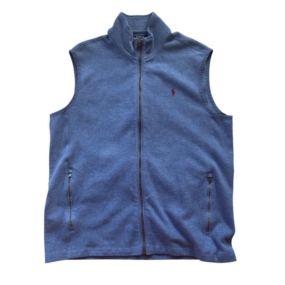 Polo Ralph Lauren Mens XL Full Zip Vest Heather Blue Cotton Mock Neck Red Pony